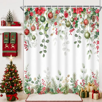 Christmas Eucalyptus Leaves Holly Shower Curtain Set with Hooks - Winter 72x72 Inches