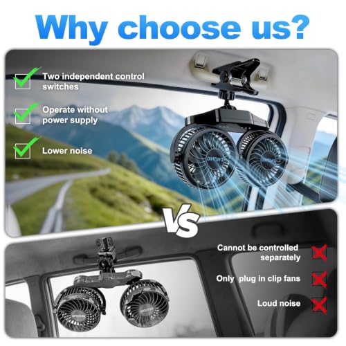 6000mAh USB-C Car Fan Dual-Head Clip-On with Independent Controls