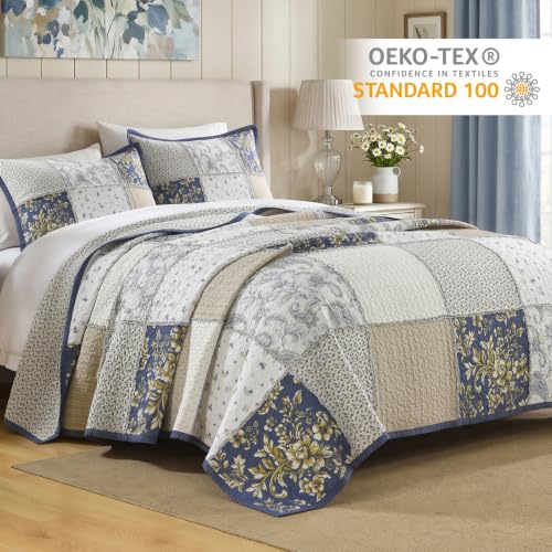 White Cotton Plaid Quilt Set King Size Bedspread with Shams - Vintage Rustic Bedding