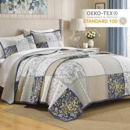 White Cotton Plaid Quilt Set King Size Bedspread with Shams - Vintage Rustic Bedding