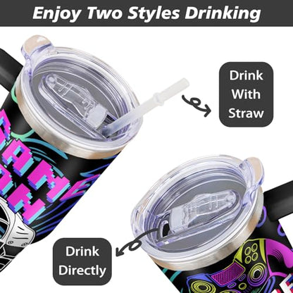 Game Tumbler with Lid and Straw 40oz - Gamer Water Bottle Cup with Handle - Gaming Travel Mug - Birthday Gift for Men Boys - Variation of THIS listing