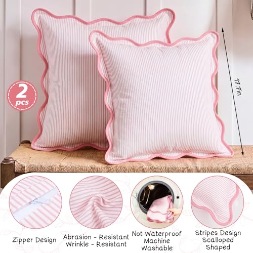 Pink Scalloped Edge Striped Pillowcases 18x18 Inches - 2 Pcs, Chicplaid