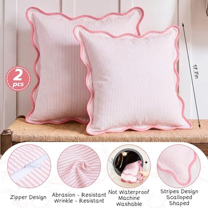 Pink Scalloped Edge Striped Pillowcases 18x18 Inches - 2 Pcs, Chicplaid