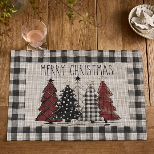 Christmas Trees Vinyl Placemats Set of 6 - 12x18 Inch Rectangular Black Winter Table Mats