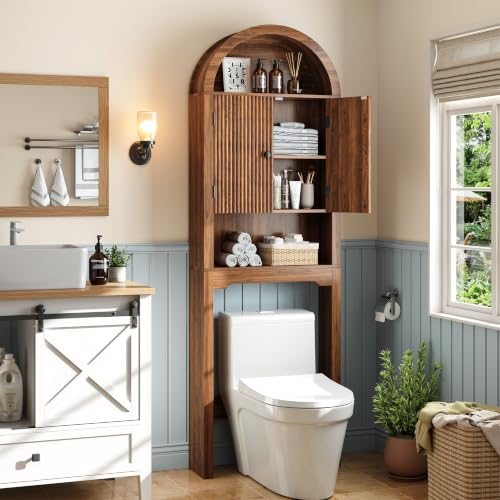 Over The Toilet Storage Cabinet Walnut Oak Bathroom Organizer with Arched Design