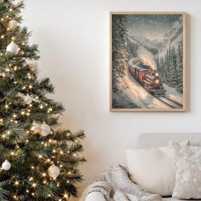 Vintage Christmas Train Wall Art Canvas Print Snowy Mountain Scene 14 x 11