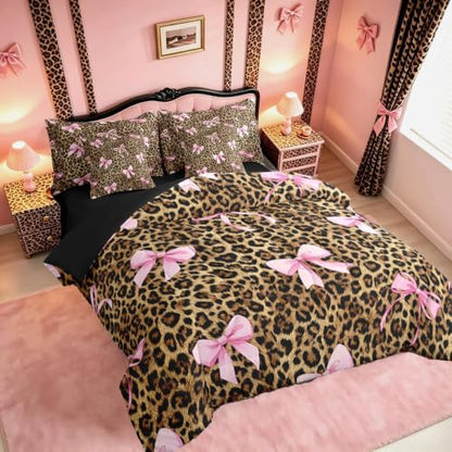 Leopard Print Bow 7-Piece Bedding Set Queen Pink Yellow Variation