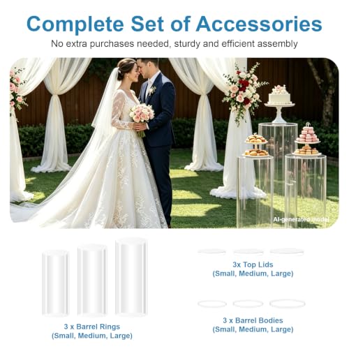 3-Piece Clear Cylinder Pedestal Stands for Weddings & Parties - 23.6, 29.5, 35.4 Inches