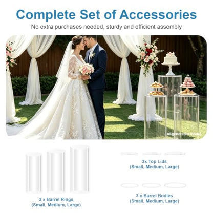 3-Piece Clear Cylinder Pedestal Stands for Weddings & Parties - 23.6, 29.5, 35.4 Inches