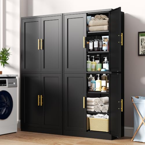 Black 71-Inch Metal Pantry Cabinet with 4 Doors & Adjustable Shelves