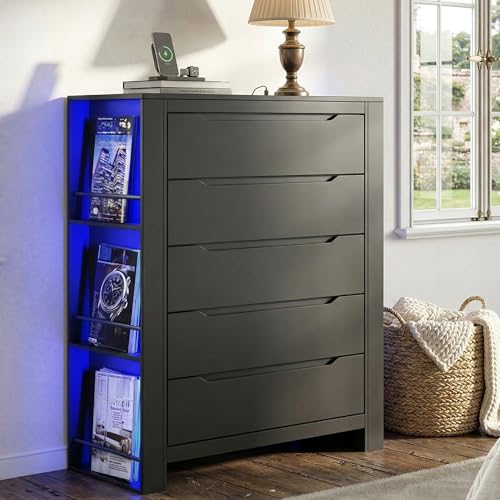 Black Tall Dresser with 3-Tier Open Shelves, Built-In Charging & LED Light — 5 Drawers