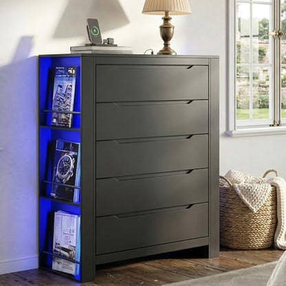 Black Tall Dresser with 3-Tier Open Shelves, Built-In Charging & LED Light — 5 Drawers