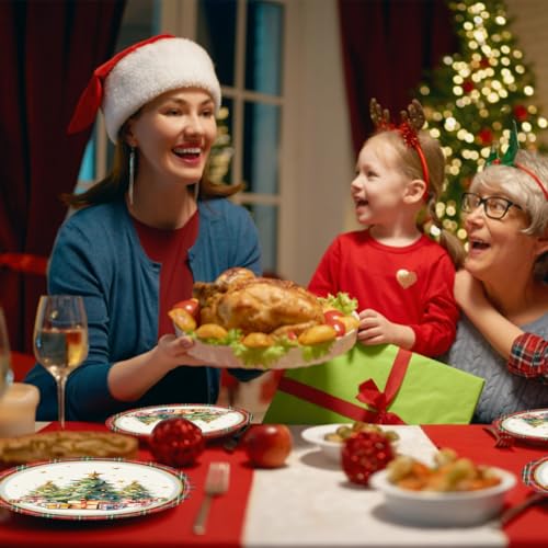 Christmas Paper Plates Set - 25 Disposable Holiday Tableware with Plaid Tree Print