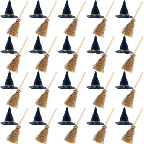 Miniature Witch Hat and Straw Broom Set for Halloween Craft Decorations