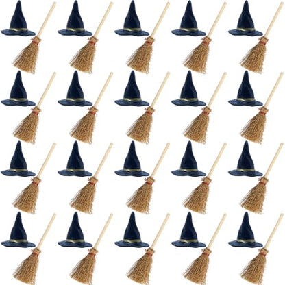 Miniature Witch Hat and Straw Broom Set for Halloween Craft Decorations