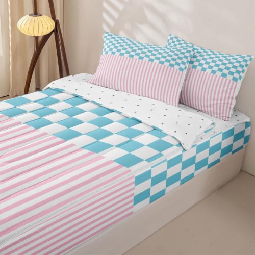 Gingham Striped Comforter Set Pink Blue White Full Size Bedding with Zipper