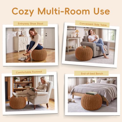 Hobestluk Small Round Tufted Ottoman Footrest - Burnt Orange, 18x18x14 Inches