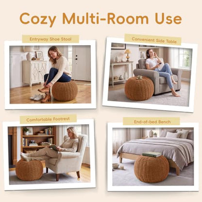 Hobestluk Small Round Tufted Ottoman Footrest - Burnt Orange, 18x18x14 Inches