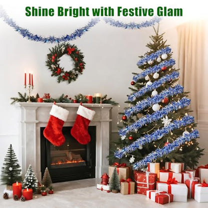 Blue Christmas Tinsel Garland 39.5 Ft Frosty Iridescent Holiday Decor