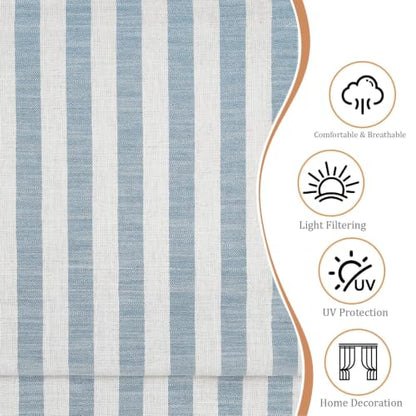 Blue White Striped Linen Roman Shade - Customized, 1 Panel, Cordless