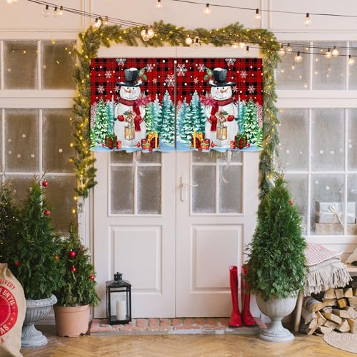 Snowman Christmas Kitchen Curtains Set with Valance - Snowmantree, 54"W x 24"L