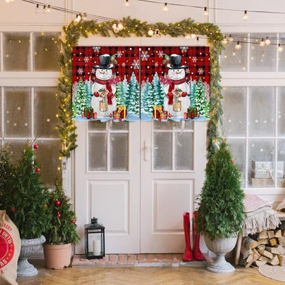 Snowman Christmas Kitchen Curtains Set with Valance - Snowmantree, 54"W x 24"L