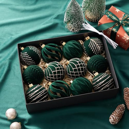 Christmas Balls Ornaments Set 12 Pcs White Flocked Decorations for Xmas Tree Holiday Wreath (Christmas Green & Gold)