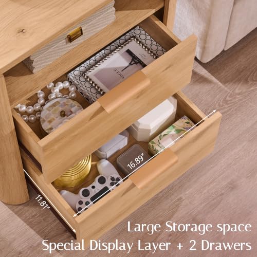 24" Tall Nightstand with Charging Station - 2 Drawers + Open Shelf, Natural (22" W x 15" D x 24" H)