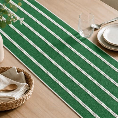 Green Farmhouse Dashed Stripe Table Runner 12x36 Inch - Holiday Christmas Decor