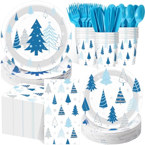 Pickmesh 400 Pcs Blue Silver Christmas Party Plates Cups Napkins Cutlery Set for 50 Guests