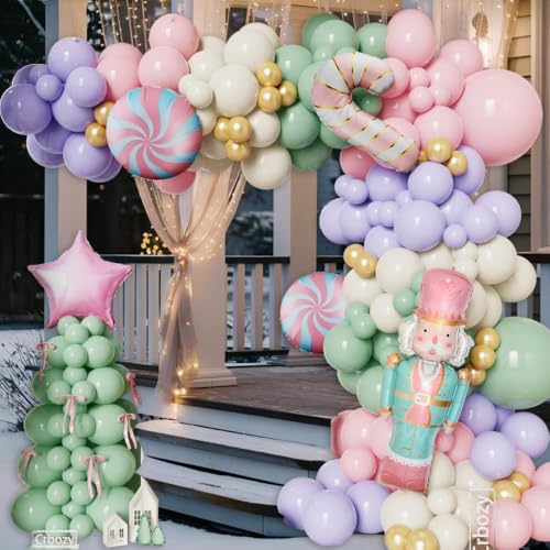 Pastel Christmas Balloon Garland Arch Kit – 176 Pcs with Nutcracker & Candy Cane Foil Balloons – Green, Pink, Purple (Variation: Green Pink Purple)