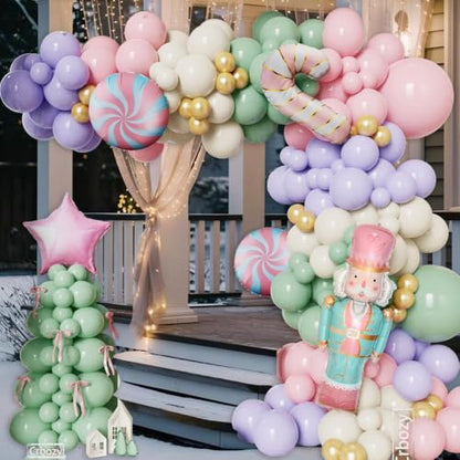 Pastel Christmas Balloon Garland Arch Kit – 176 Pcs with Nutcracker & Candy Cane Foil Balloons – Green, Pink, Purple (Variation: Green Pink Purple)