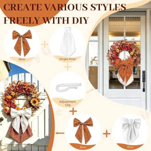 Orange White Layered Wreath Sash Set for Front Door - Gingham & Ric Rac Style - 2 Pieces