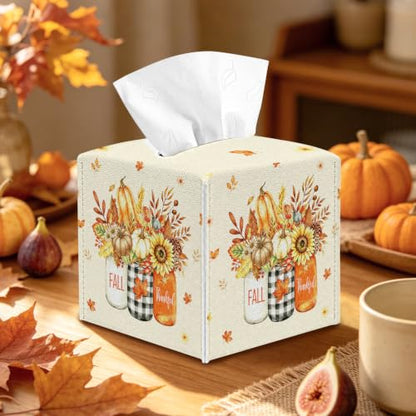 Fall Tissue Box Cover - Autumn Pumpkin & Maple Leaves PU Leather Decor