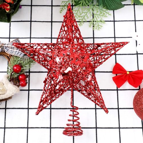 URATOT 8-Inch Red Glitter Christmas Tree Topper Metal Star Treetop Holiday Decoration