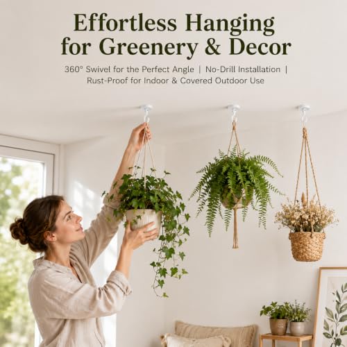 Heavy Duty Adhesive Ceiling Hooks 4 Pack for Hanging Plants No Drill - Variation of 4 Hooks+2 Glue