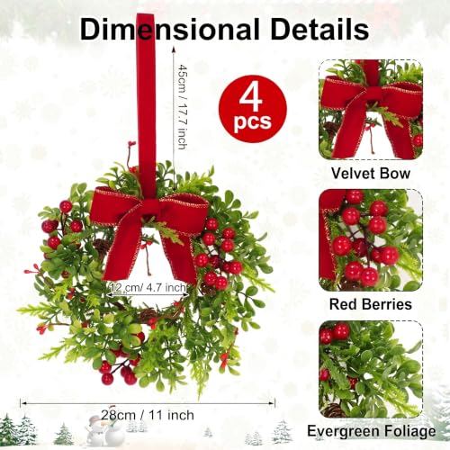 Green Christmas Mini Wreaths Set of 4 with Pinecones Berries Ribbon for Holiday Decor