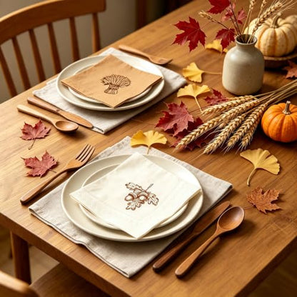 Fall Thanksgiving Cocktail Napkins with Turkey and Acorn Design - 60 Pack