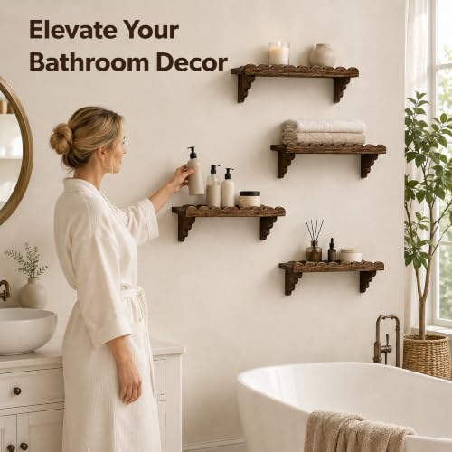 17 Inch Scalloped Wood Wall Shelves Set - Brown Floating Shelves for Decor & Storage