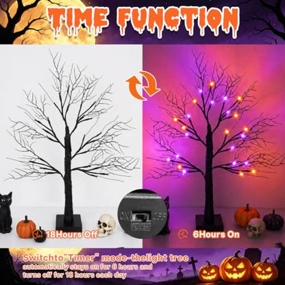 Black Halloween Tree Set with LED Lights - 2 Pack 24 Inch Spooky Decor