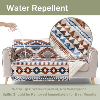 Large Boho Quilted Couch Cover with Aztec Pattern, Water-Repellent & Anti-Slip, 68-Inch Sofa Protector - Bohemia Style