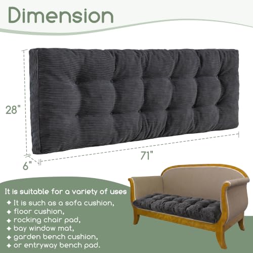 Corduroy Sofa Topper - Dark Grey Bench Cushion 71x28x6 Inches