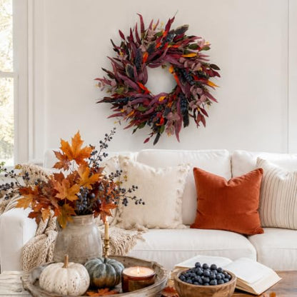 Fall Wreath for Front Door - Eucalyptus & Blueberry Decor, 26 Inches