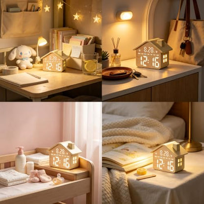 Wood Grain House-Shaped LED Alarm Clock with Night Light - GDQ