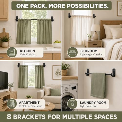 Black Self Adhesive Curtain Rod Brackets 8 Pack for 0.55-0.78 inch Rods