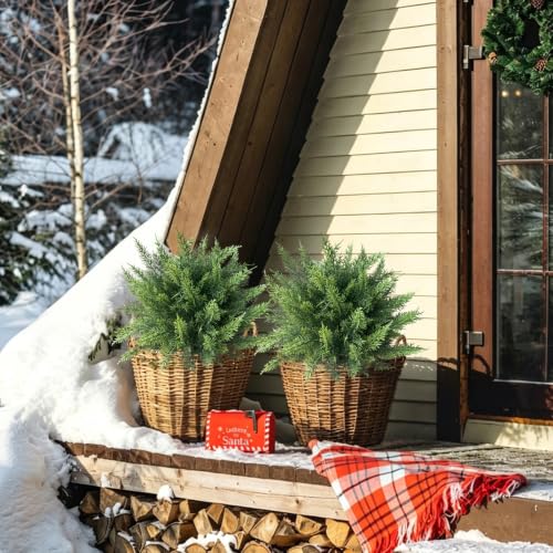 Artificial Cedar Topiary Ball Tree 24 Inch Outdoor Fake Plant Set - UV Resistant