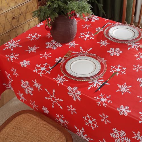 Christmas Red Snowflake Vinyl Tablecloth 70x52 Inches Waterproof Holiday Decor