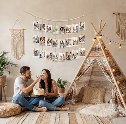 Hanging Photo Display with Clips and Wooden Beads - Boho Wall Decor