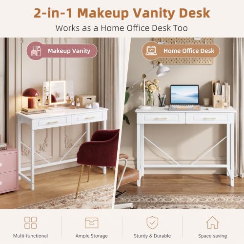 Vanity Desk with Mirror & Lights, White 40" W/ Wooden Drawers