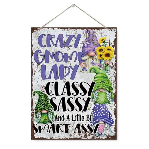 Funny Gnome Decor - Crazy Gnome Lady Sign, Rustic Wooden Wall Art - Style 01